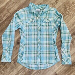 Columbia Women’s Plaid Long Sleeve Pockets Button-Up Shirt Blue Green Size S